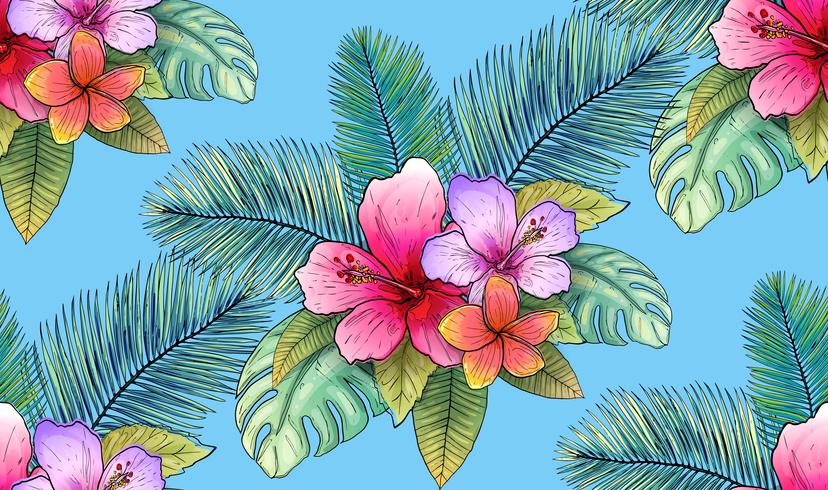 Ilustración de vector de patrón floral sin fisuras tropicales y hojas.