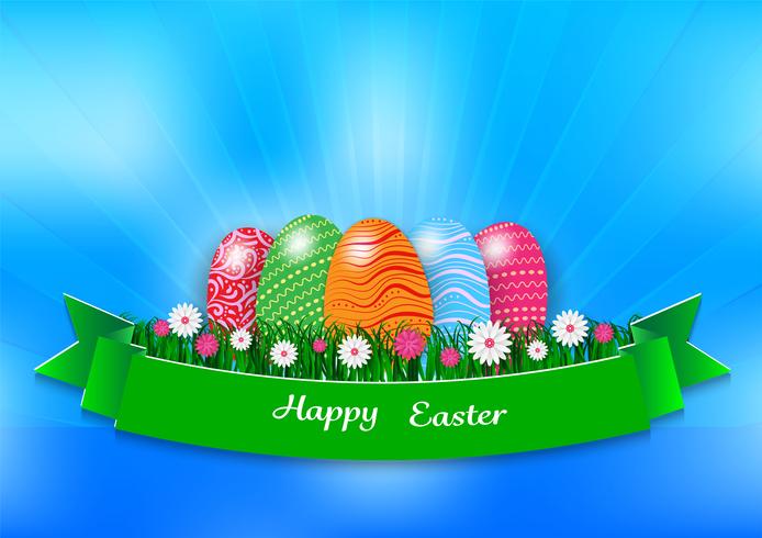Easter holiday background with eggs and green grass on blue background, vector illustration