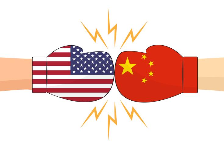 Guantes de boxeo entre banderas de Estados Unidos y China sobre fondo blanco - ilustración vectorial vector