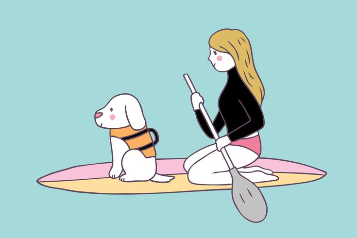 Vector que practica surf lindo de la mujer y del perro del verano de la historieta.