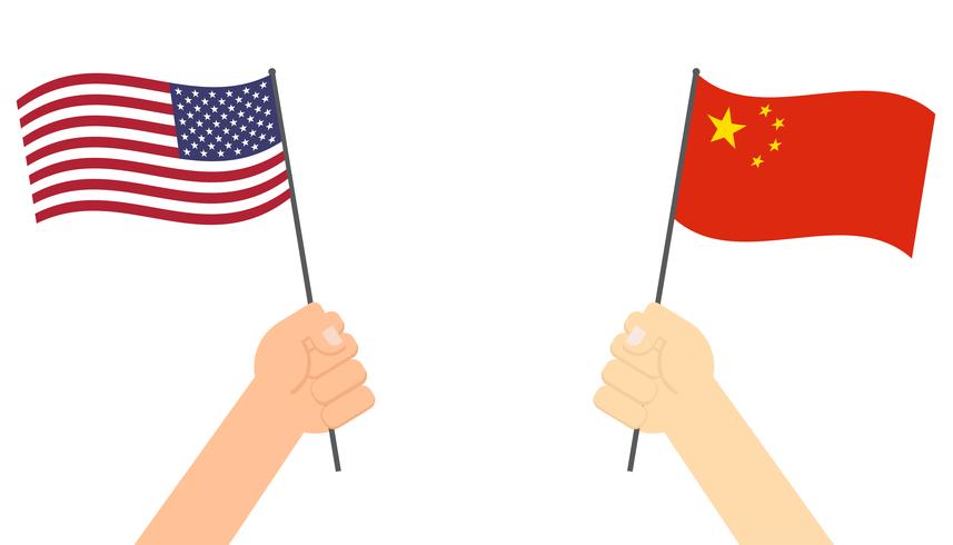 Manos sosteniendo la bandera entre Estados Unidos y China cara a cara para la competencia - ilustración vectorial vector