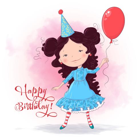 Postcard poster of a cute girl with a balloon. Hand drawing. Cartoon style. Vector