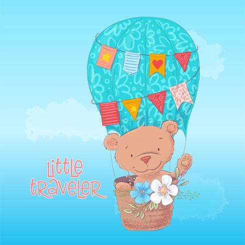 Postcard poster of a cute bear in a balloon with flowers in cartoon style. Hand drawing. vector