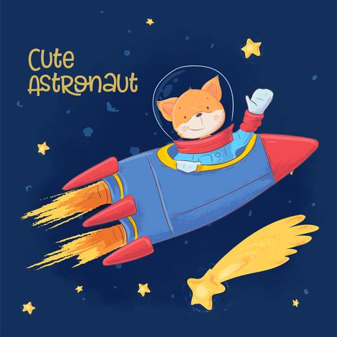 Postcard poster of cute astronaut fox in space with constellations and stars in cartoon style. Hand drawing. vector