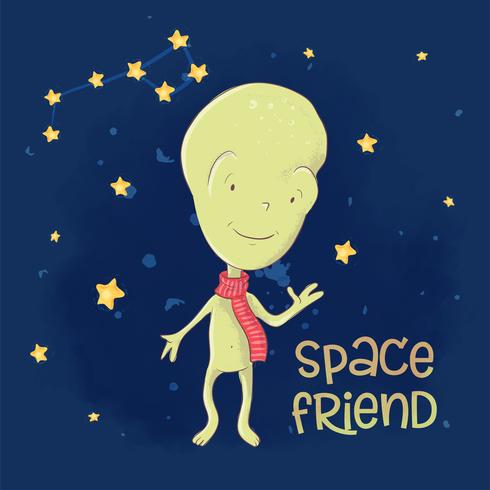 Postcard poster cute alien space friend. Hand drawing. Cartoon style. Vector