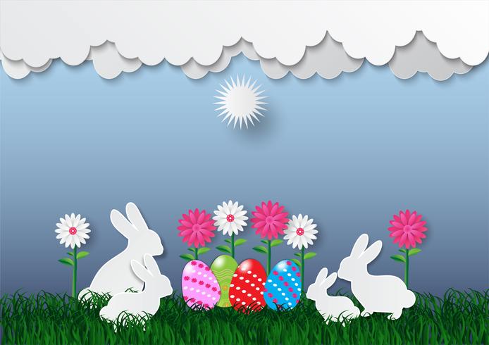 Decorative easter eggs on green grass and white cloud, vector illustration