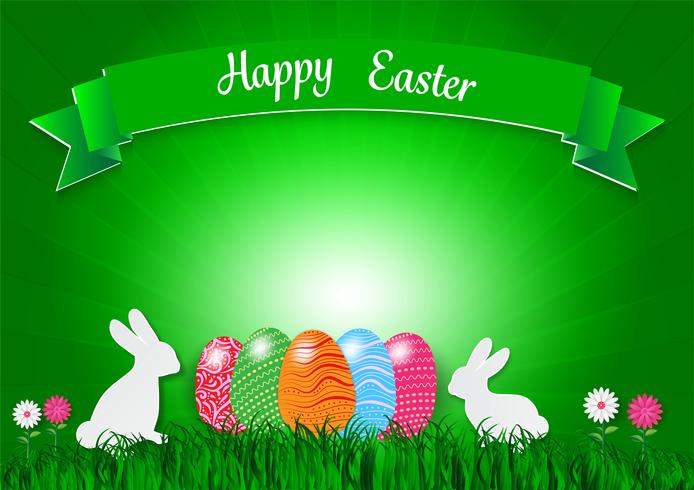 Easter holiday background with eggs on green grass and white rabbit , vector illustration