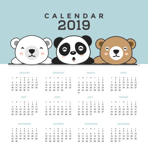 Calendar 2019 with cute bears.  vector