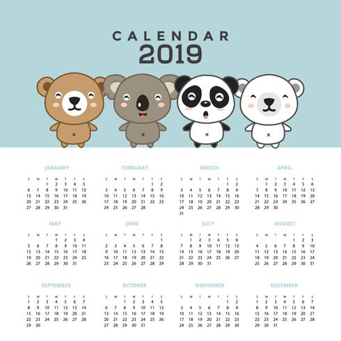 Calendar 2019 with cute bears.  vector