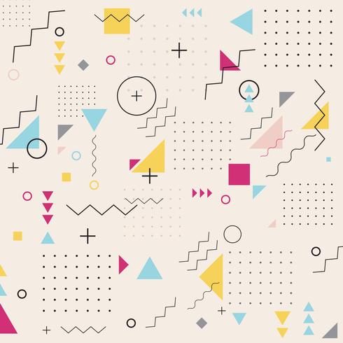 Abstract geometric triangle square circle wavy pattern background. Memphis. Retro fashion style. vector