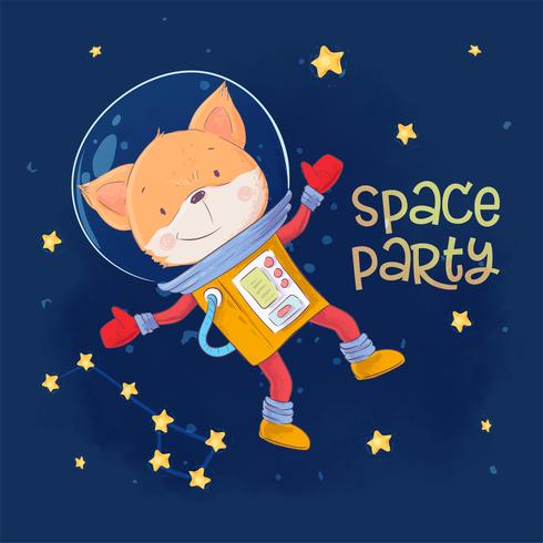 Postcard poster of cute astronaut fox in space with constellations and stars in cartoon style. Hand drawing. vector