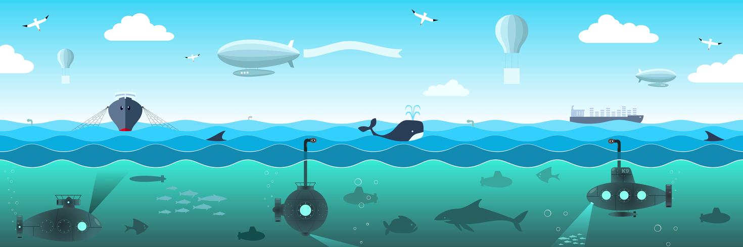 Open sea view from the submarines, fish, ships, airships vector