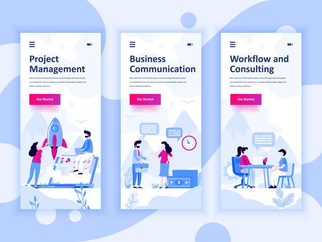Set of onboarding screens user interface kit for Management, Communication, Workflow, mobile app templates concept. Modern UX, UI screen for mobile or responsive web site. Vector illustration.