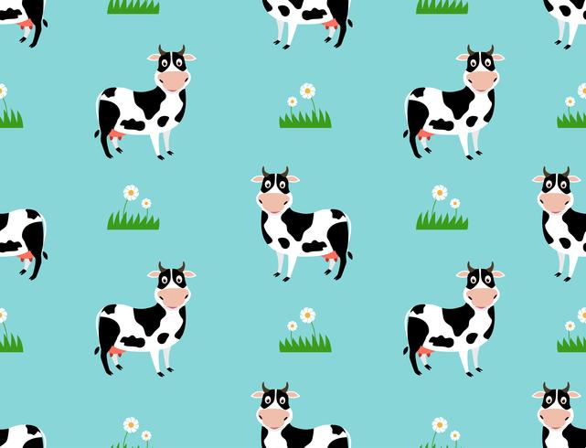 Seamless pattern with cute cow cartoon on field background- Vector illustration