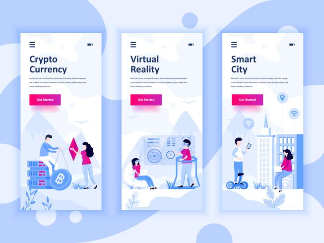 Set of onboarding screens user interface kit for Cryptocurrency, Smart City, Virtual Reality, mobile app templates concept. Modern UX, UI screen for mobile or responsive web site. Vector illustration.