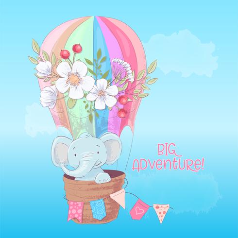 Postcard poster of a cute elephant in a balloon with flowers in cartoon style. Hand drawing. vector