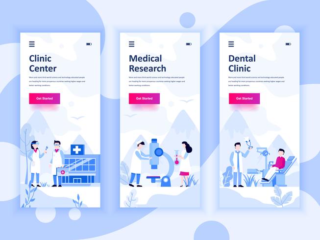 Set of onboarding screens user interface kit for Medicine, Research, Dental Clinic, mobile app templates concept. Modern UX, UI screen for mobile or responsive web site. Vector illustration.