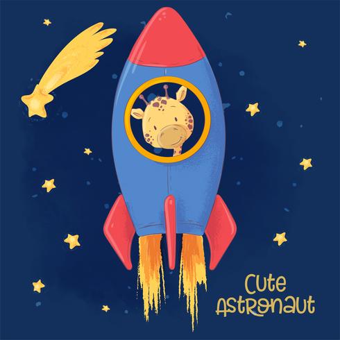Postcard poster of a cute giraffe on a rocket. Cartoon style. Vector