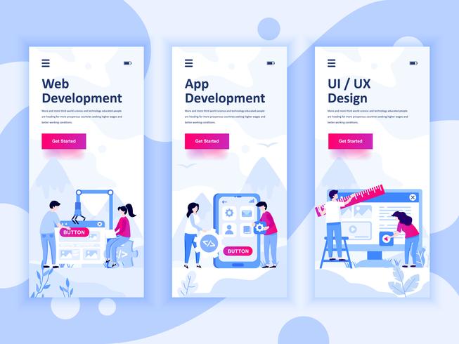 Set of onboarding screens user interface kit for Web and App Development, UI Design, mobile app templates concept. Modern UX, UI screen for mobile or responsive web site. Vector illustration.