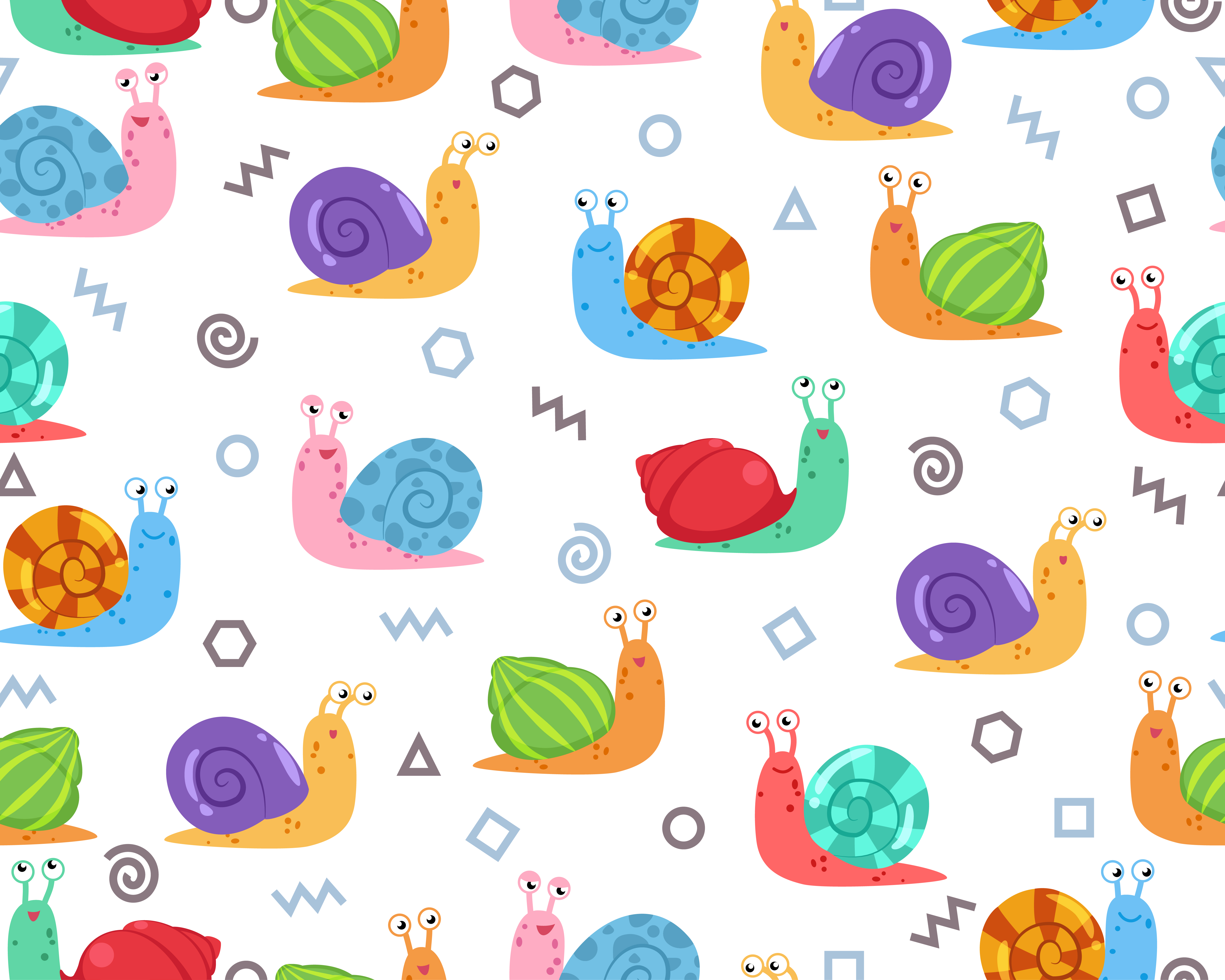 Seamless pattern of cute snail with doodle geometric shape on