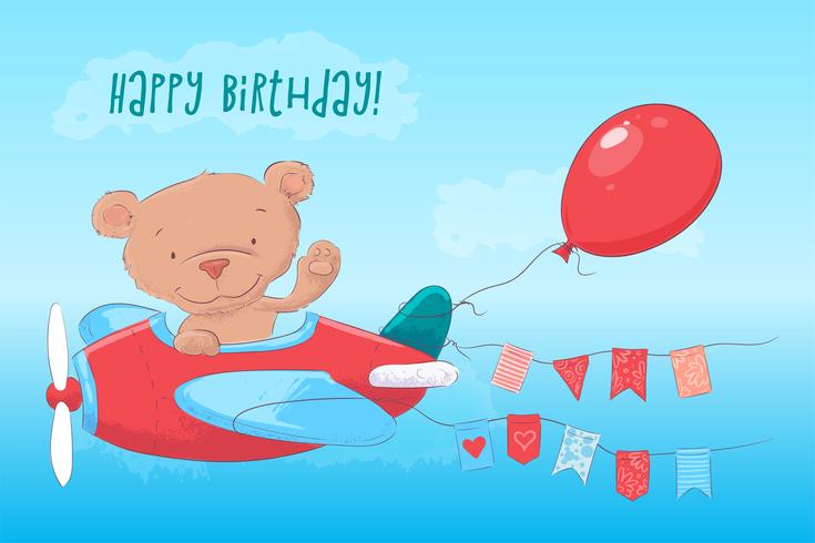 Postcard poster cute teddy bear on the plane in cartoon style. Hand drawing. vector