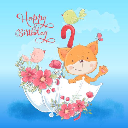 Postcard poster cute fox and a bird in an umbrella with flowers in cartoon style. Hand drawing. vector