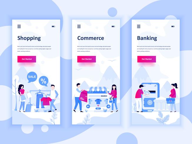 Set of onboarding screens user interface kit for Shopping, E-commerce, Banking, mobile app templates concept. Modern UX, UI screen for mobile or responsive web site. Vector illustration.