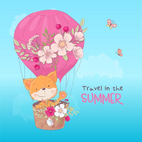 Postcard poster of a cute fox in a balloon with flowers in cartoon style. Hand drawing. vector