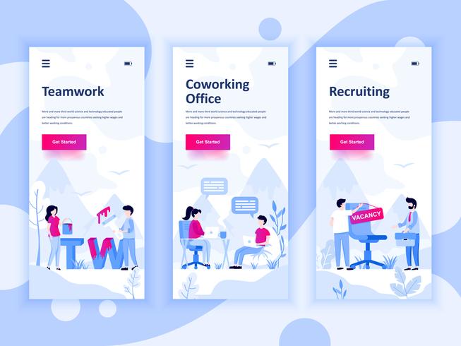 Set of onboarding screens user interface kit for Teamwork, Coworking Office, Recruiting, mobile app templates concept. Modern UX, UI screen for mobile or responsive web site. Vector illustration.