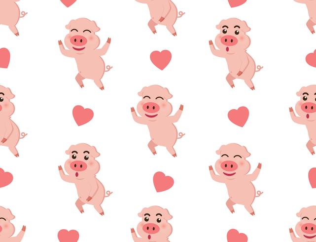 Seamless pattern cute piggy with hearts on white background - Vector illustration 