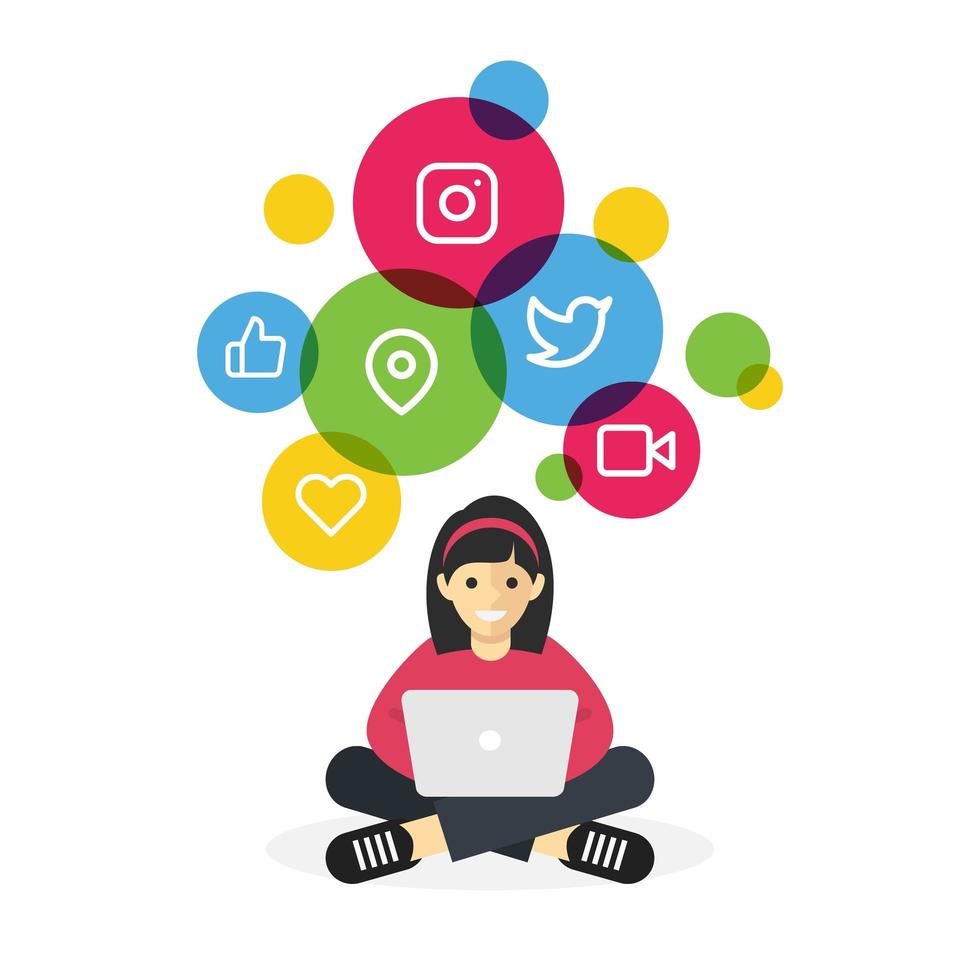 Girl sitting with laptop browsing internet social media vector