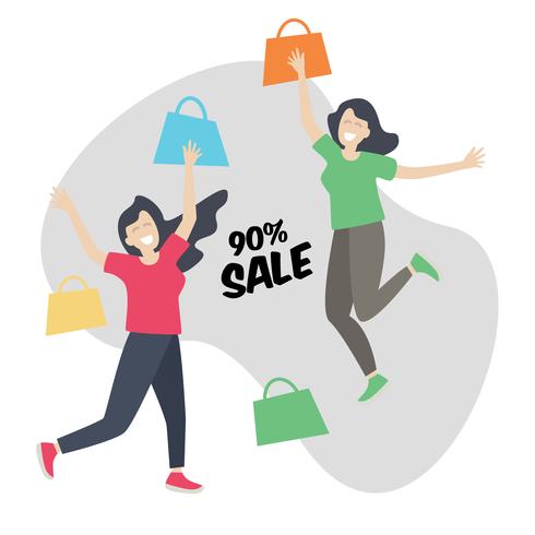 Shopping Girl Happy and Jump, Discount Sale vector
