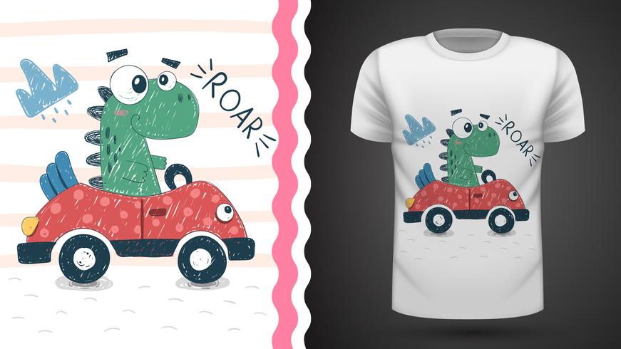 Linda dino con coche - idea para camiseta estampada vector