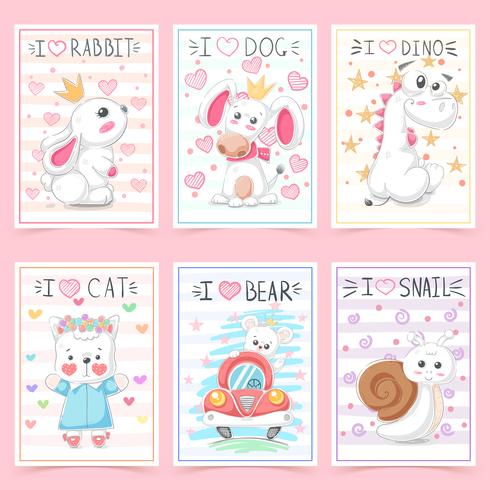 Set teddy animals. Idea for greeting card. vector