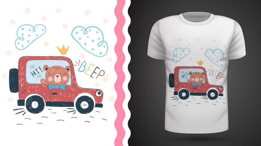 Oso y coche - idea para camiseta estampada. vector