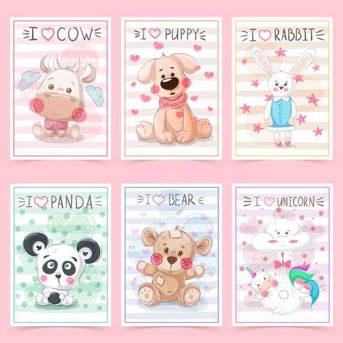 Establecer animales de peluche. Idea para tarjeta de felicitación. vector