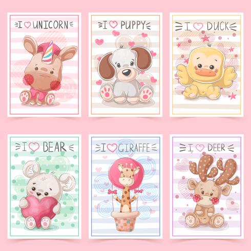 Set teddy animals. Idea for greeting card. vector