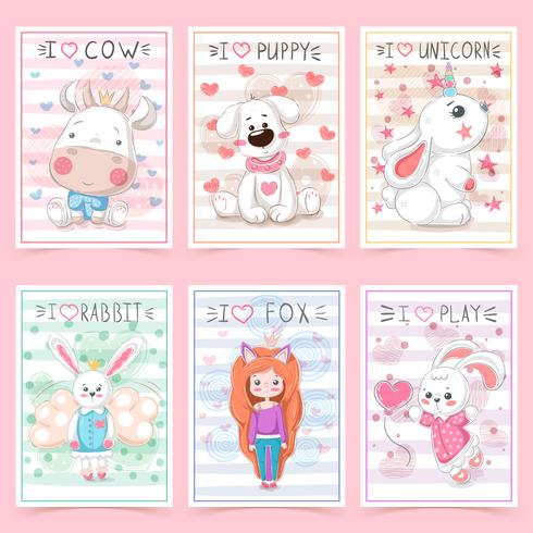 Set teddy animals. Idea for greeting card. vector