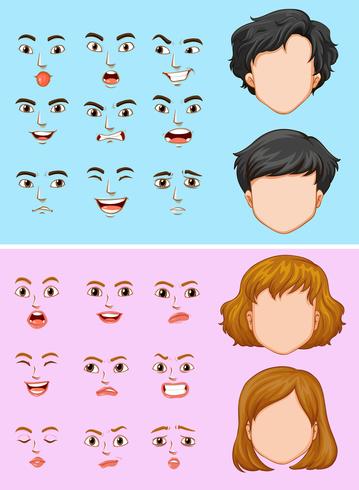 Hombre y mujer con muchas expresiones faciales. vector