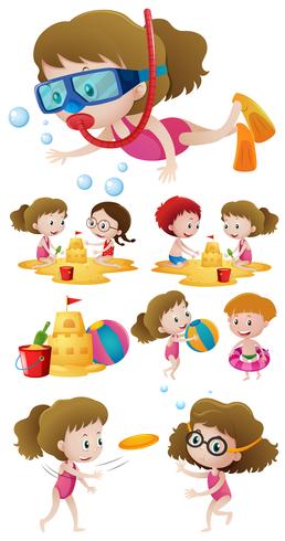 Children playing on the beach and swimming in the sea vector