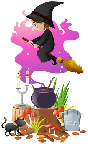 Witch with magic broom and brew vector