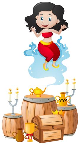 Genie and the lamp in treasure pile vector