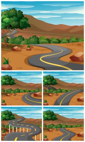 Cinco escenas con camino a la montaña. vector