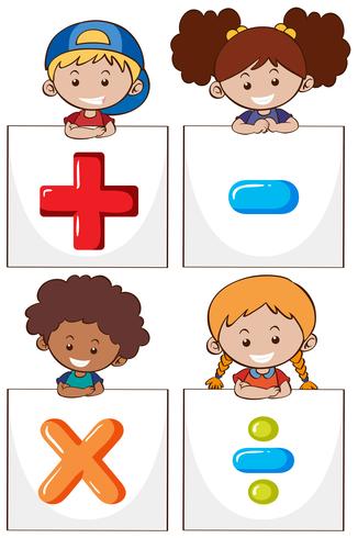 Cuatro niños con signos matemáticos diferentes. vector