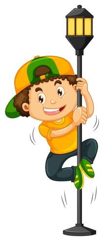 Boy climbing up the lamp post vector