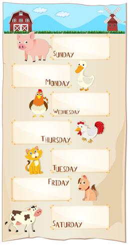 Days of the week poster with farm animals vector