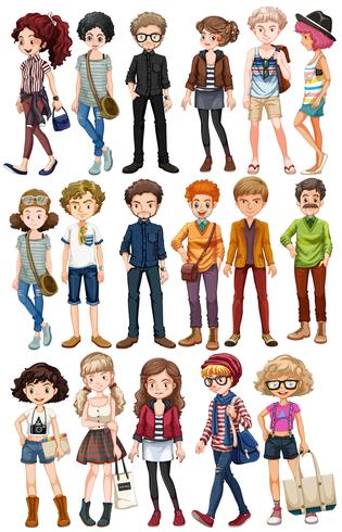 Hipster personas en ropa de moda vector