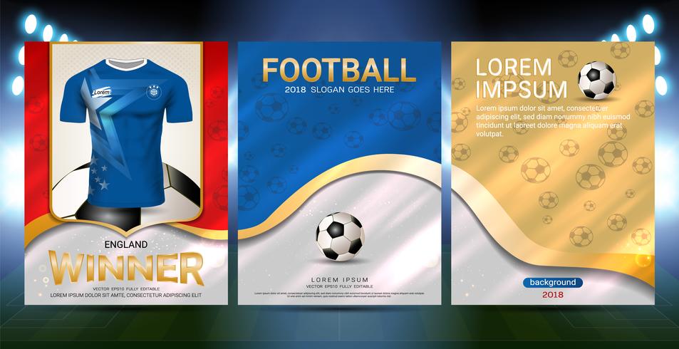 Sport poster cover template with Soccer jersey team design gold and blue trend background. vector