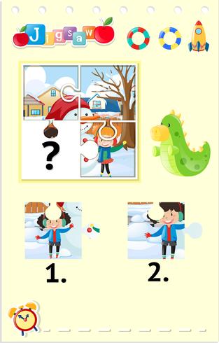 Juego de rompecabezas con niños jugando en la nieve. vector