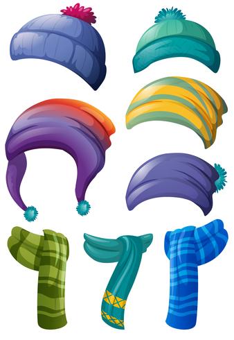 Different design of winter hats and scarfs vector